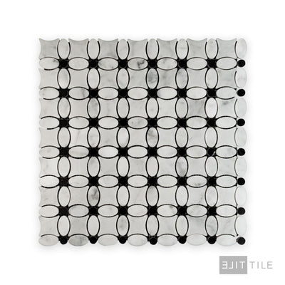 White Carrara Marble Flower Mosaic W/ Negro Marquina Polished