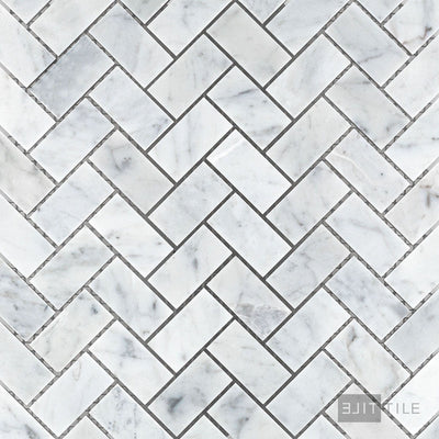 White Carrara Marble 1X2 Herringbone Honed Mosaic