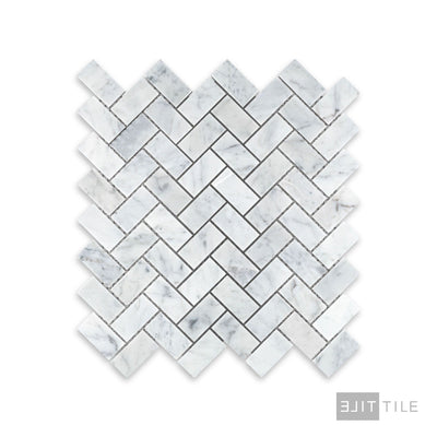 White Carrara Marble 1X2 Herringbone Honed Mosaic