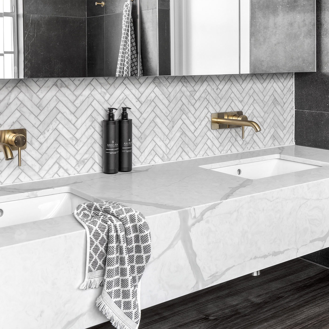 White Carrara Marble 1X4 Herringbone Honed Mosaic
