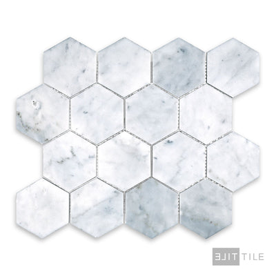 White Carrara Marble 3" Hexagon Honed Mosaic