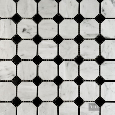 White Carrara Marble Octagon W/ Negro Marquina Polished Mosaic