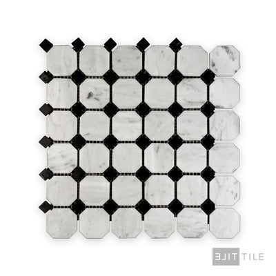 White Carrara Marble Octagon W/ Negro Marquina Polished Mosaic