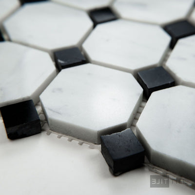 White Carrara Marble Octagon W/ Negro Marquina Polished Mosaic