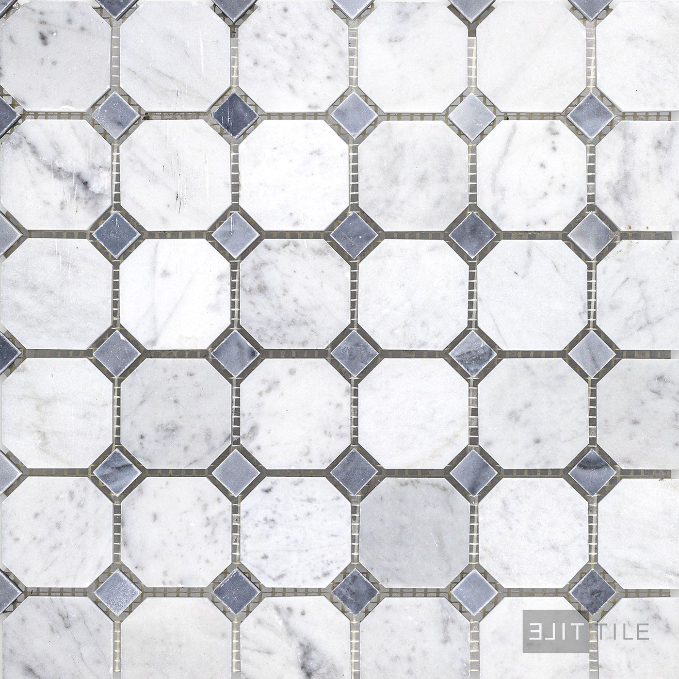 White Carrara Marble Octagon W/Blue Dot Honed Mosaic