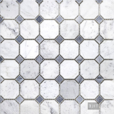 White Carrara Marble Octagon W/Blue Dot Honed Mosaic