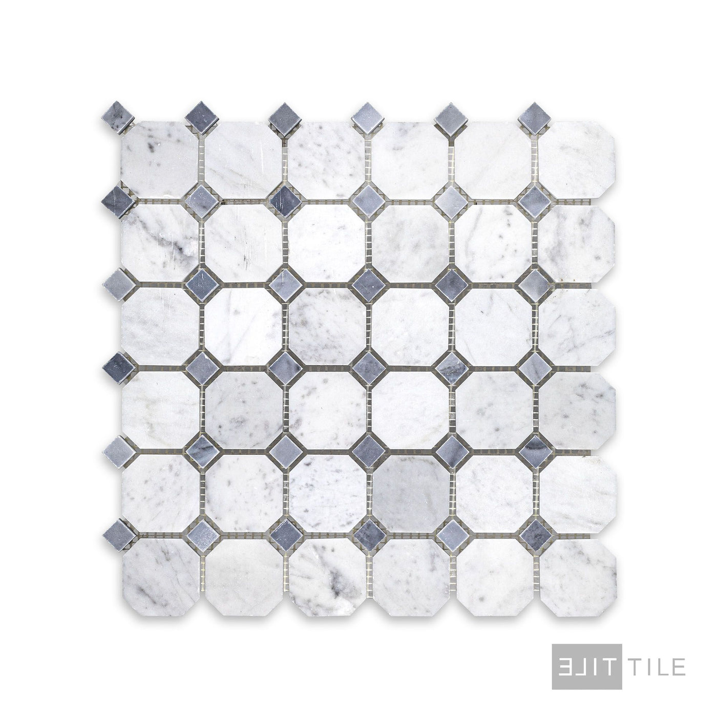 White Carrara Marble Octagon W/Blue Dot Honed Mosaic