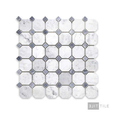 White Carrara Marble Octagon W/Blue Dot Honed Mosaic