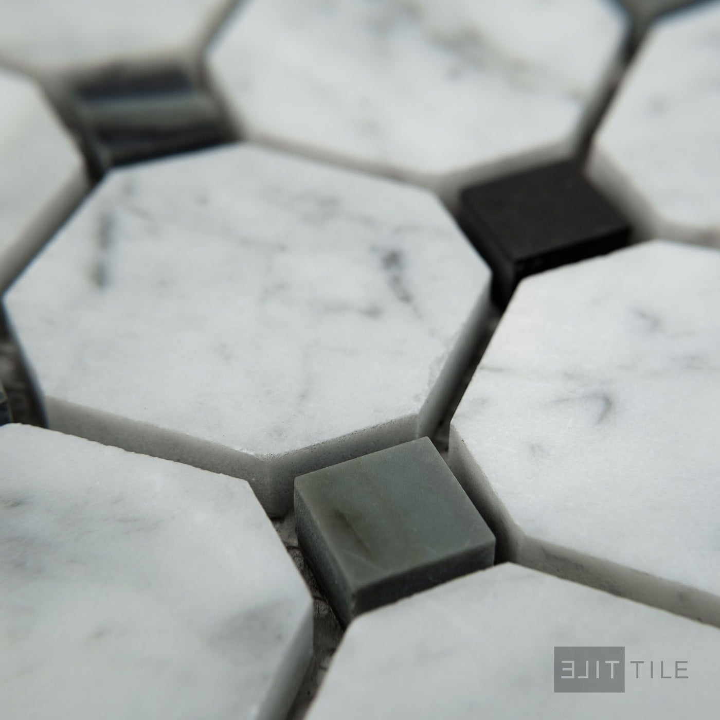 White Carrara Marble Octagon W/Blue Dot Honed Mosaic
