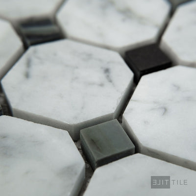 White Carrara Marble Octagon W/Blue Dot Honed Mosaic