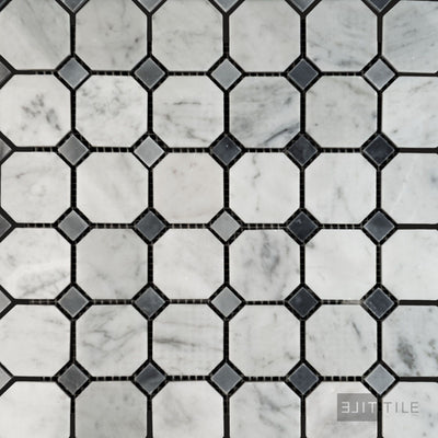 White Carrara Marble Octagon W/Blue Dot Polished Mosaic