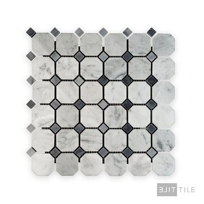 White Carrara Marble Octagon W/Blue Dot Polished Mosaic