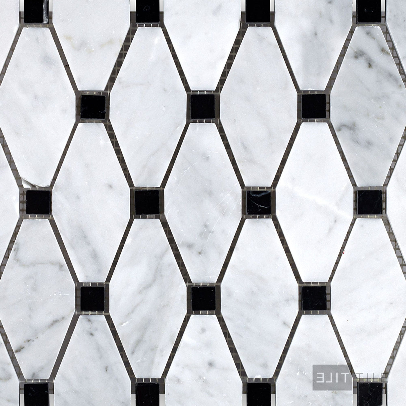 White Carrara Marble Elongated Octagon W/Black Honed Mosaic