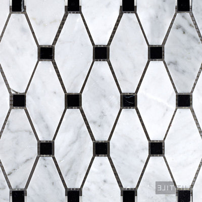 White Carrara Marble Elongated Octagon W/Black Honed Mosaic