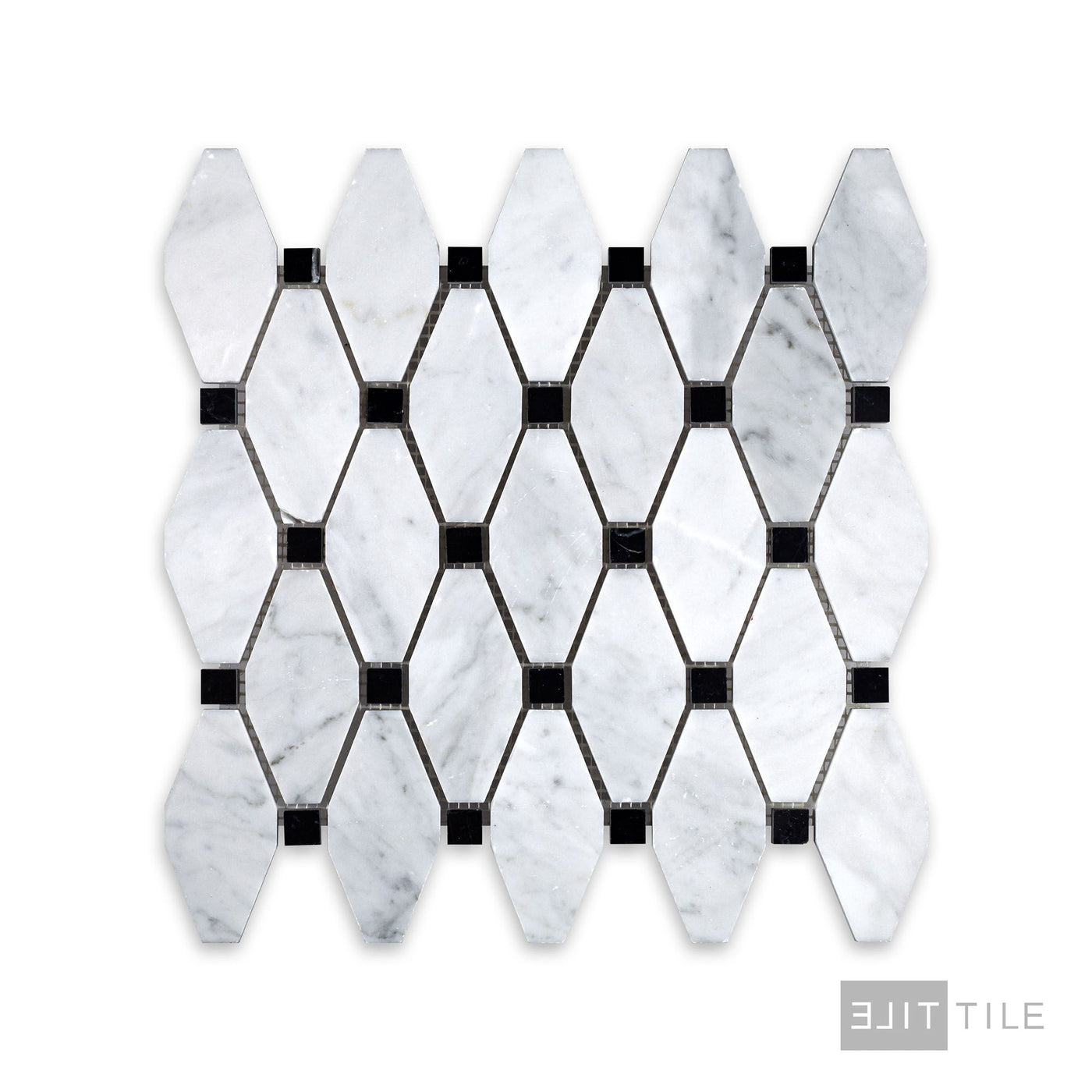 White Carrara Marble Elongated Octagon W/Black Honed Mosaic