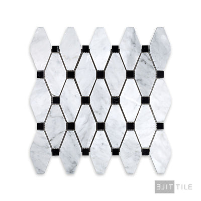 White Carrara Marble Elongated Octagon W/Black Honed Mosaic