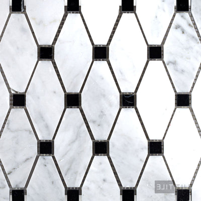 White Carrara Marble Elongated Octagon W/Black Polished Mosaic