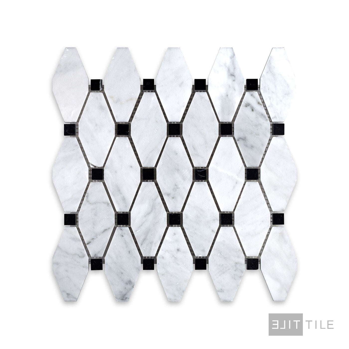 White Carrara Marble Elongated Octagon W/Black Polished Mosaic