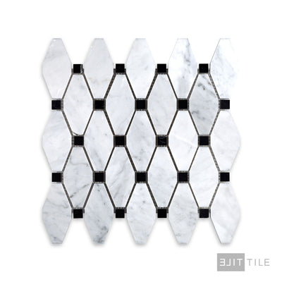 White Carrara Marble Elongated Octagon W/Black Polished Mosaic