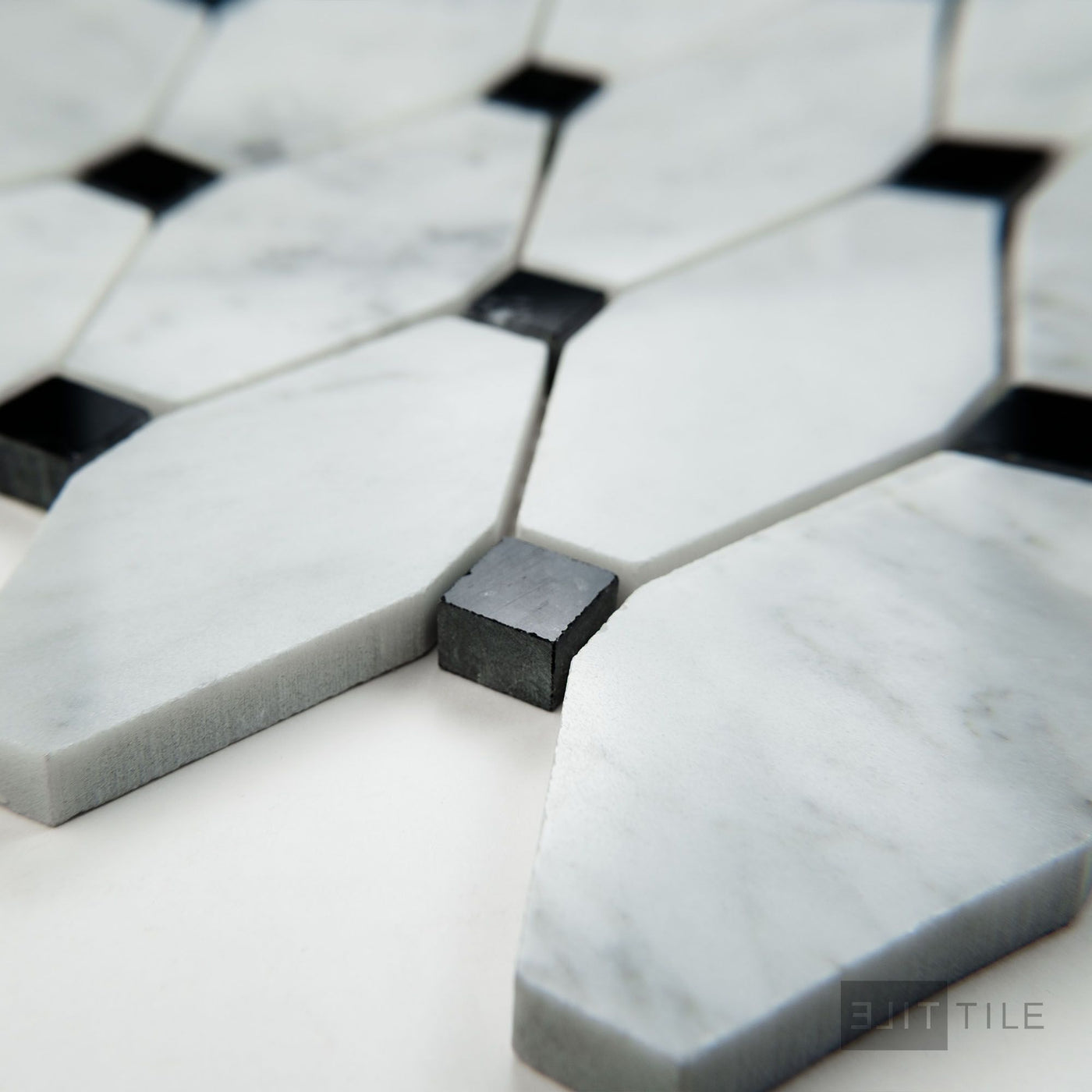 White Carrara Marble Elongated Octagon W/Black Polished Mosaic
