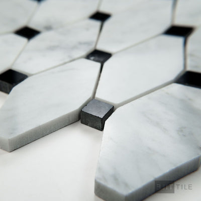 White Carrara Marble Elongated Octagon W/Black Polished Mosaic