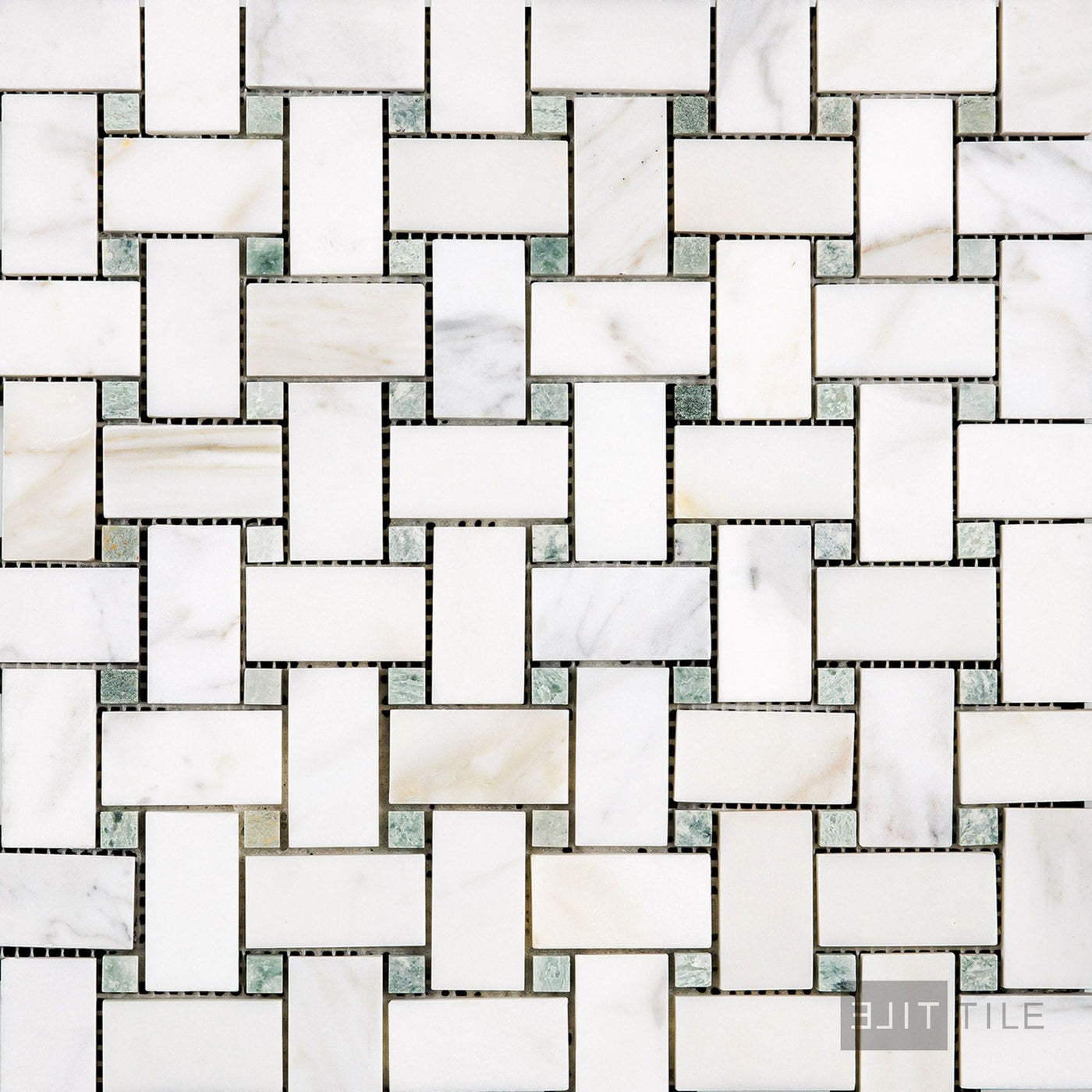 Calacatta Gold Marble Basketweave W/Green Dot Honed Mosaic
