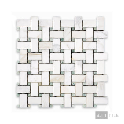 Calacatta Gold Marble Basketweave W/Green Dot Honed Mosaic