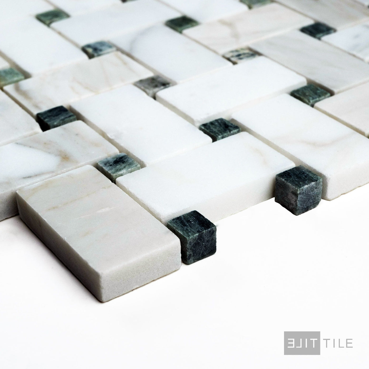 Calacatta Gold Marble Basketweave W/Green Dot Honed Mosaic