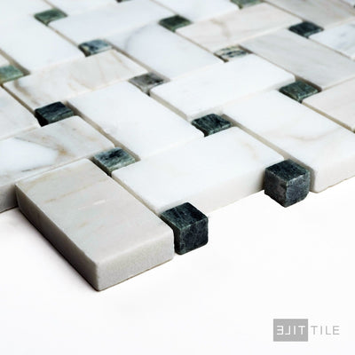 Calacatta Gold Marble Basketweave W/Green Dot Honed Mosaic
