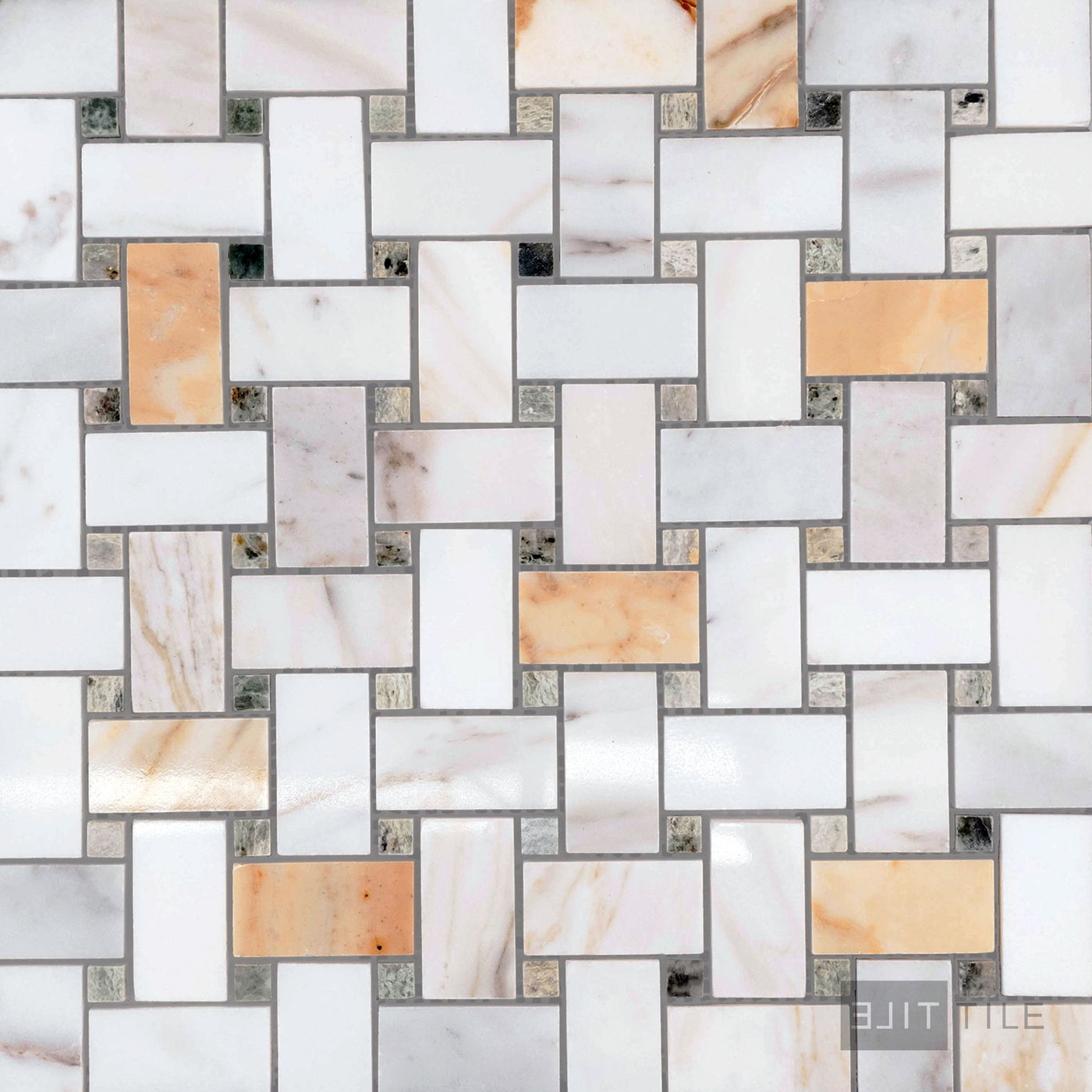 Calacatta Gold Marble Basketweave W/Green Dot Polished Mosaic