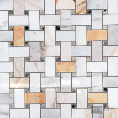 Calacatta Gold Marble Basketweave W/Green Dot Polished Mosaic