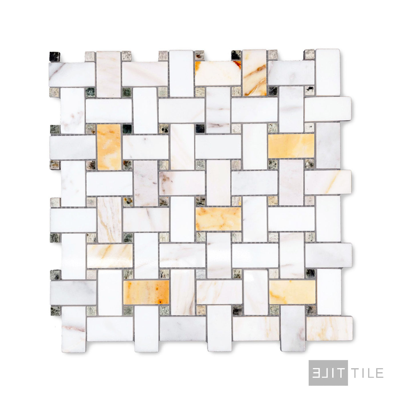 Calacatta Gold Marble Basketweave W/Green Dot Polished Mosaic