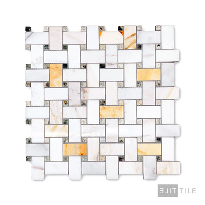 Calacatta Gold Marble Basketweave W/Green Dot Polished Mosaic