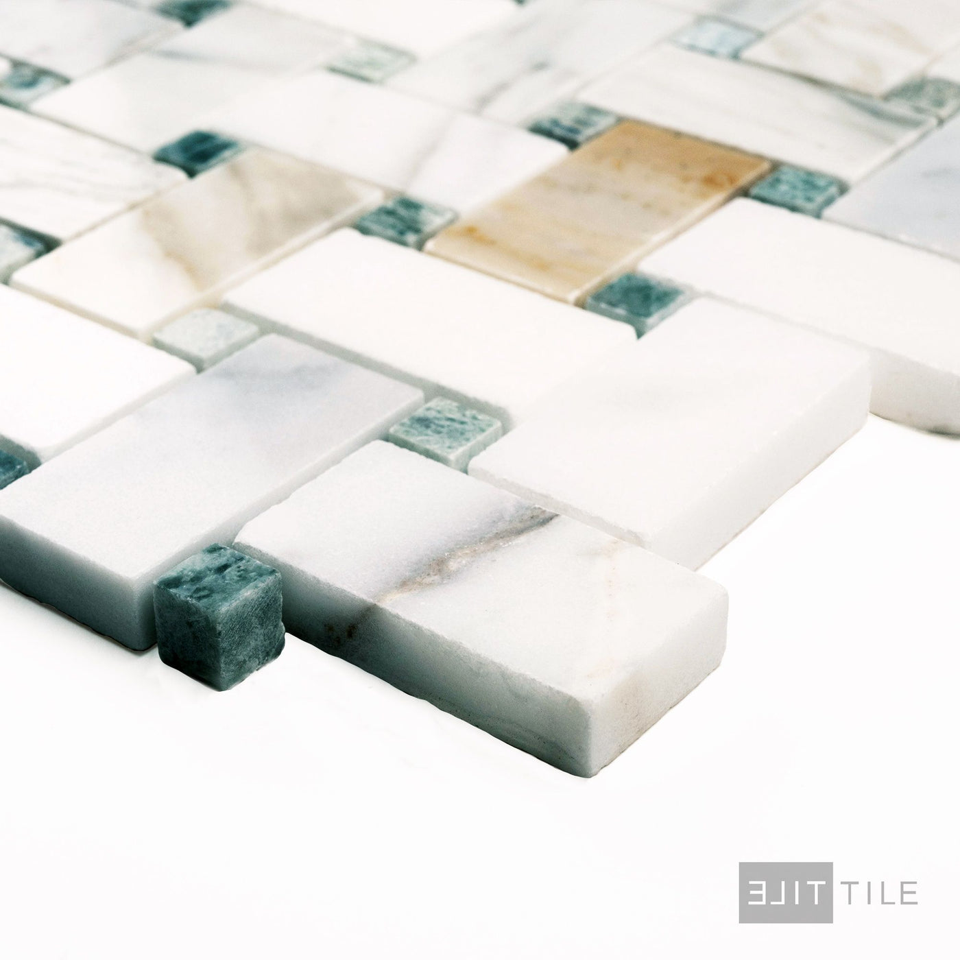 Calacatta Gold Marble Basketweave W/Green Dot Polished Mosaic