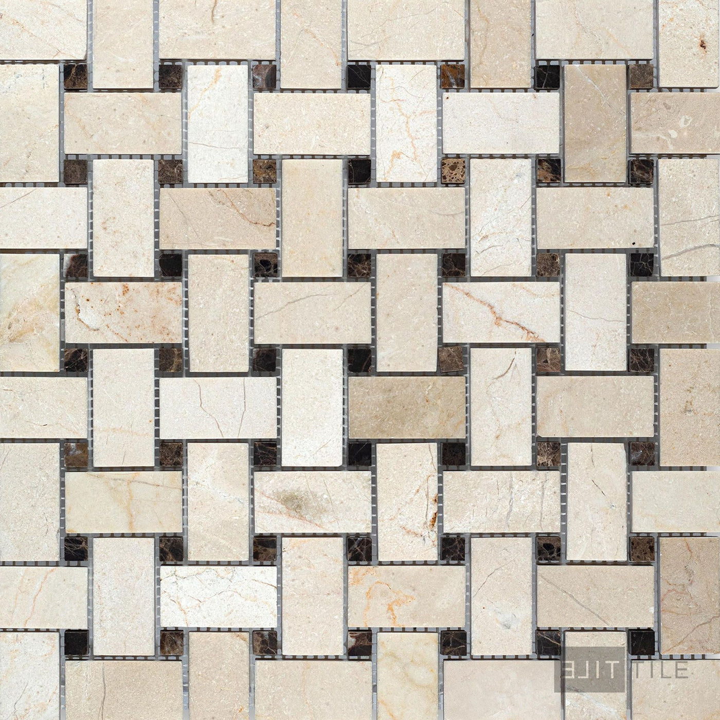 Crema Marfil Marble Basketweave W/ Brown Dot Honed Mosaic