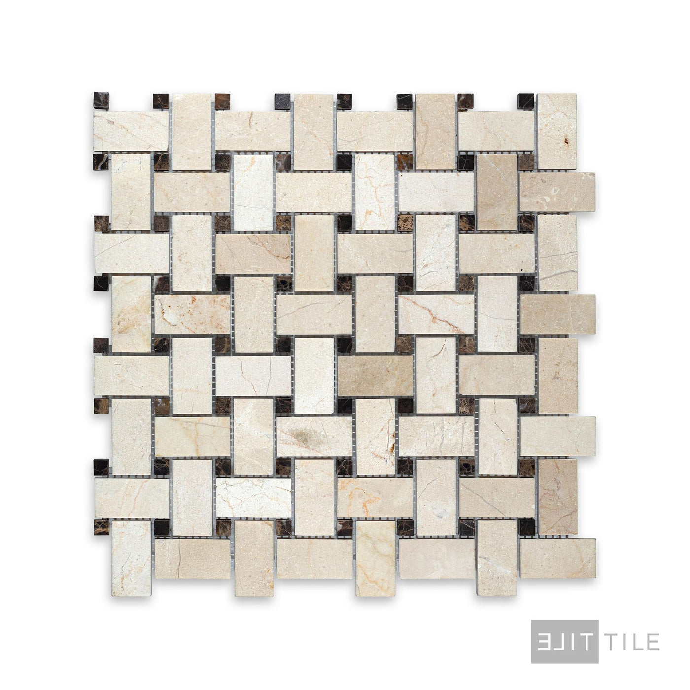 Crema Marfil Marble Basketweave W/ Brown Dot Honed Mosaic
