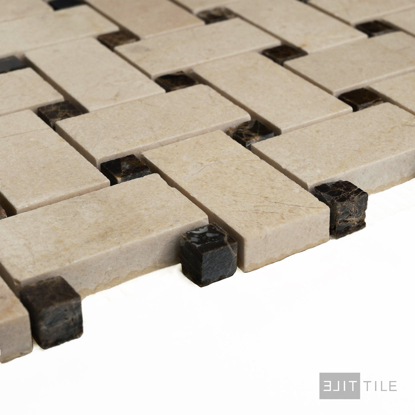 Crema Marfil Marble Basketweave W/ Brown Dot Honed Mosaic