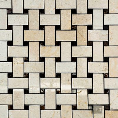 Crema Marfil Marble Basketweave W/ Brown Dot Polished Mosaic