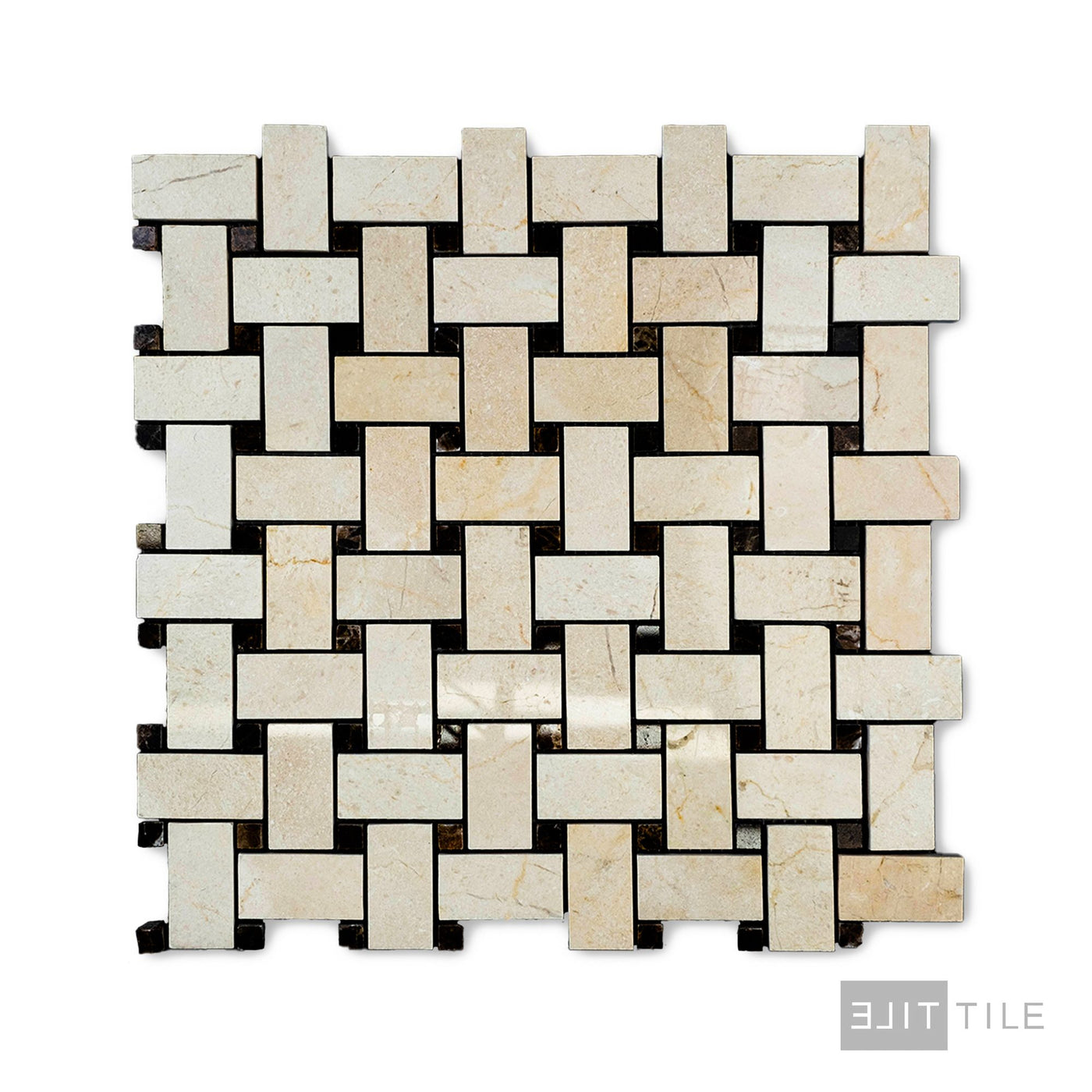 Crema Marfil Marble Basketweave W/ Brown Dot Polished Mosaic