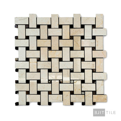 Crema Marfil Marble Basketweave W/ Brown Dot Polished Mosaic