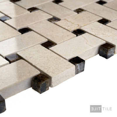 Crema Marfil Marble Basketweave W/ Brown Dot Polished Mosaic