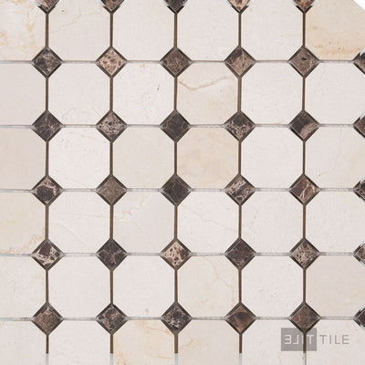 Crema Marfil Marble 2" Octagon W/Brown Dot Honed Mosaic