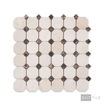 Crema Marfil Marble 2" Octagon W/Brown Dot Honed Mosaic