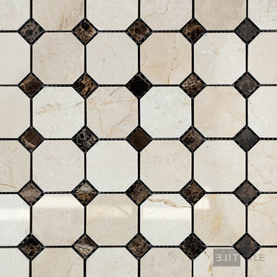 Crema Marfil Marble 2" Octagon W/Brown Dot Polished Mosaic