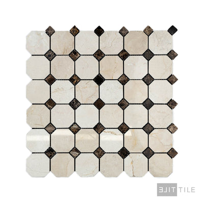 Crema Marfil Marble 2" Octagon W/Brown Dot Polished Mosaic