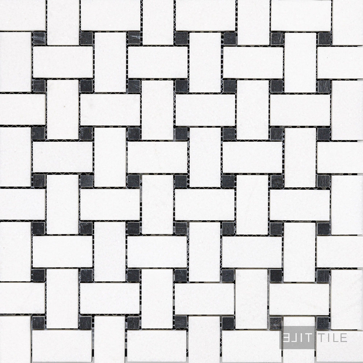 Thassos White Marble Basketweave W/ Black Dot Honed Mosaic