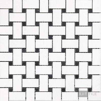 Thassos White Marble Basketweave W/ Black Dot Honed Mosaic