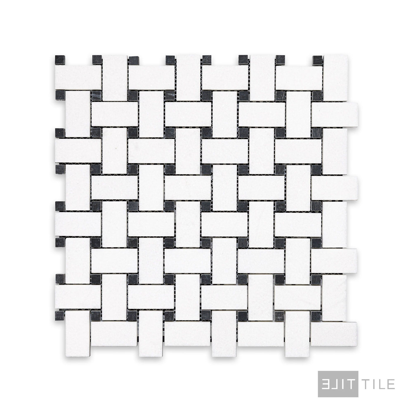 Thassos White Marble Basketweave W/ Black Dot Honed Mosaic