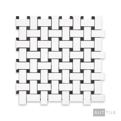 Thassos White Marble Basketweave W/ Black Dot Honed Mosaic