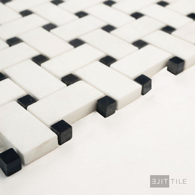 Thassos White Marble Basketweave W/ Black Dot Honed Mosaic